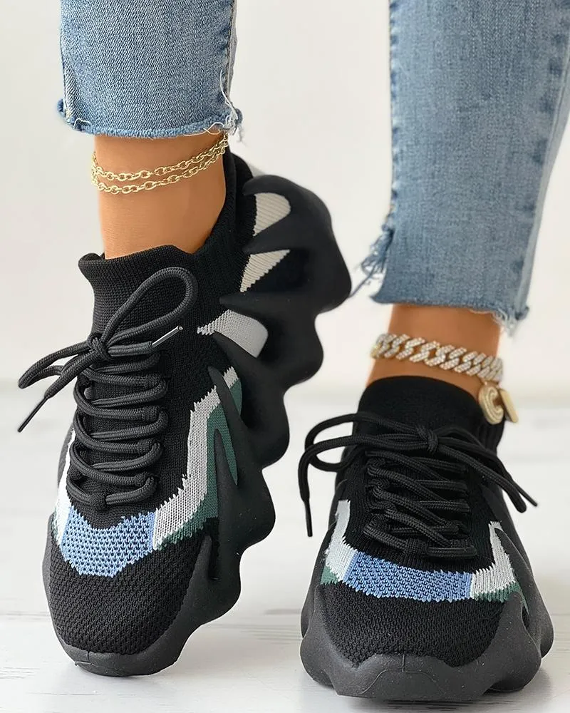 Lace up Colorblock Breathable Knit Octopus Sneakers