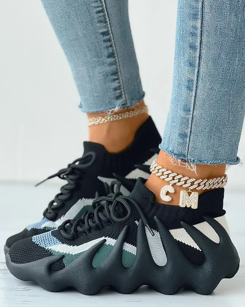 Lace up Colorblock Breathable Knit Octopus Sneakers