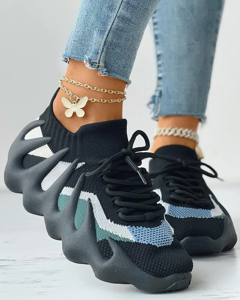 Lace up Colorblock Breathable Knit Octopus Sneakers