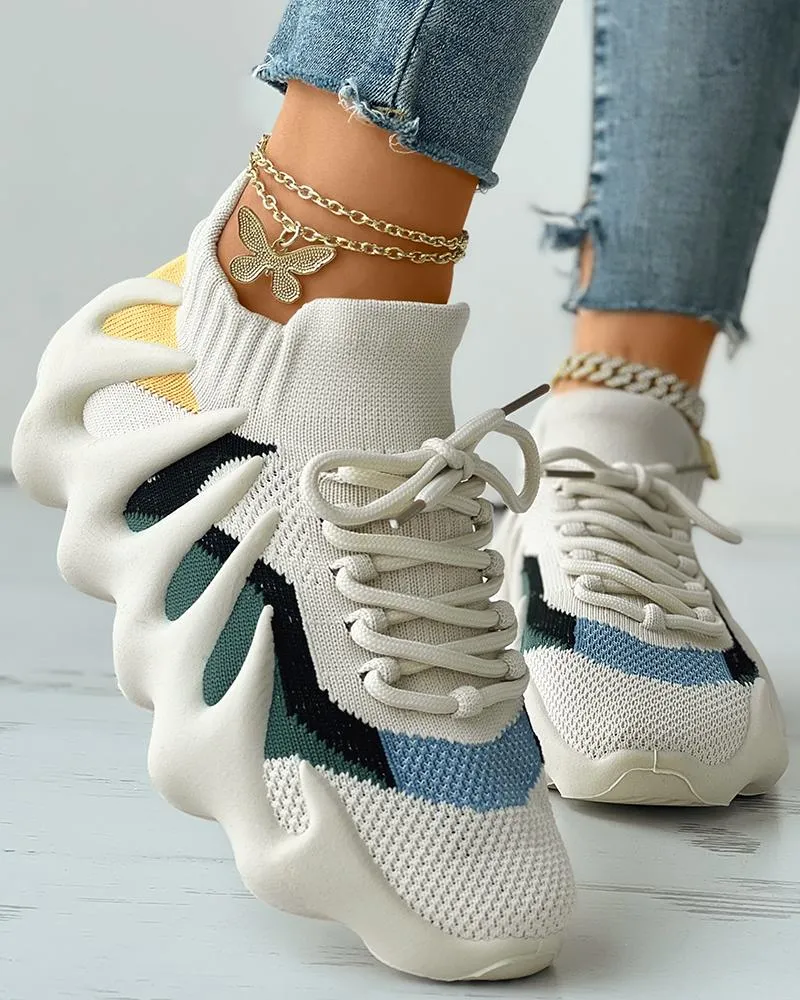 Lace up Colorblock Breathable Knit Octopus Sneakers