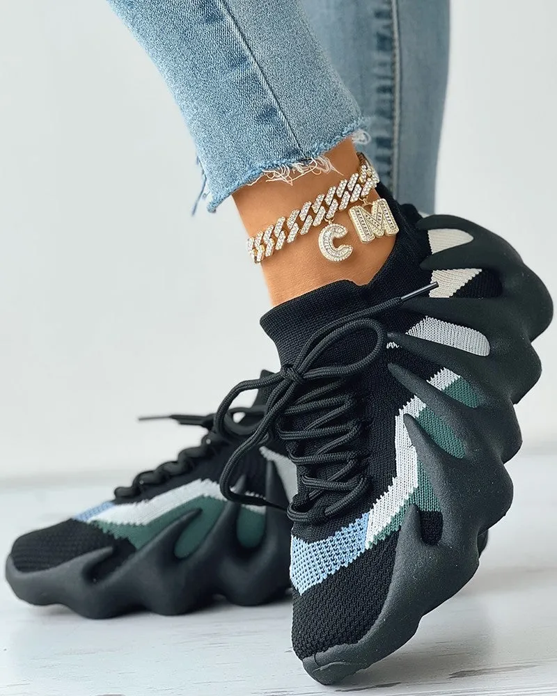 Lace up Colorblock Breathable Knit Octopus Sneakers