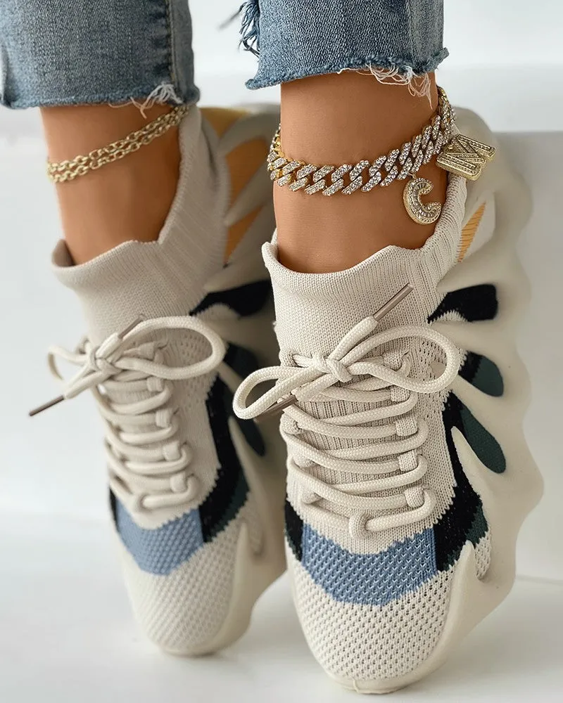Lace up Colorblock Breathable Knit Octopus Sneakers