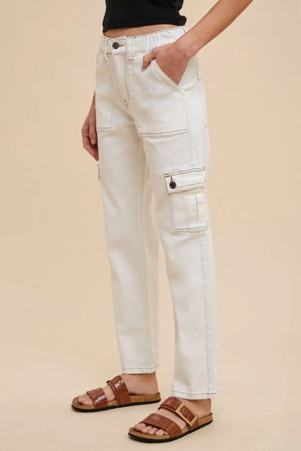 White Straight Leg Jeans with Cargo Pockets